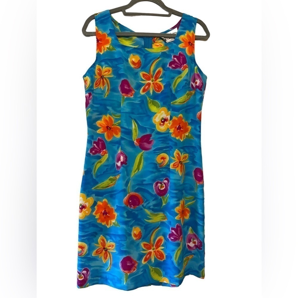 Floral Blue Midi Dress - Sleeveless Summer Shift, 12 (**Fits small**)